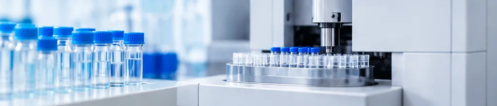 Laboratory equipment with blue-capped vials and analyser